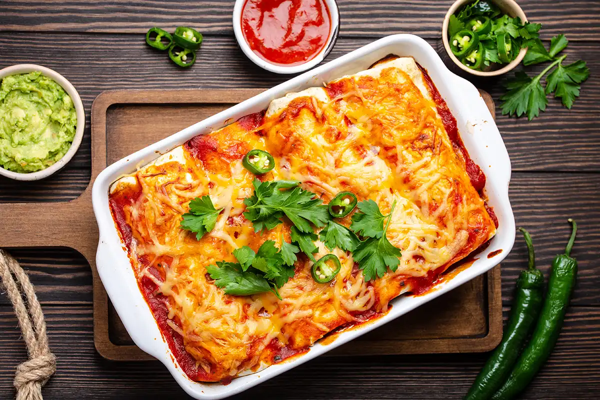 Cheesy Chicken Enchiladas-with-Guacamole-and-Tomato-Dips